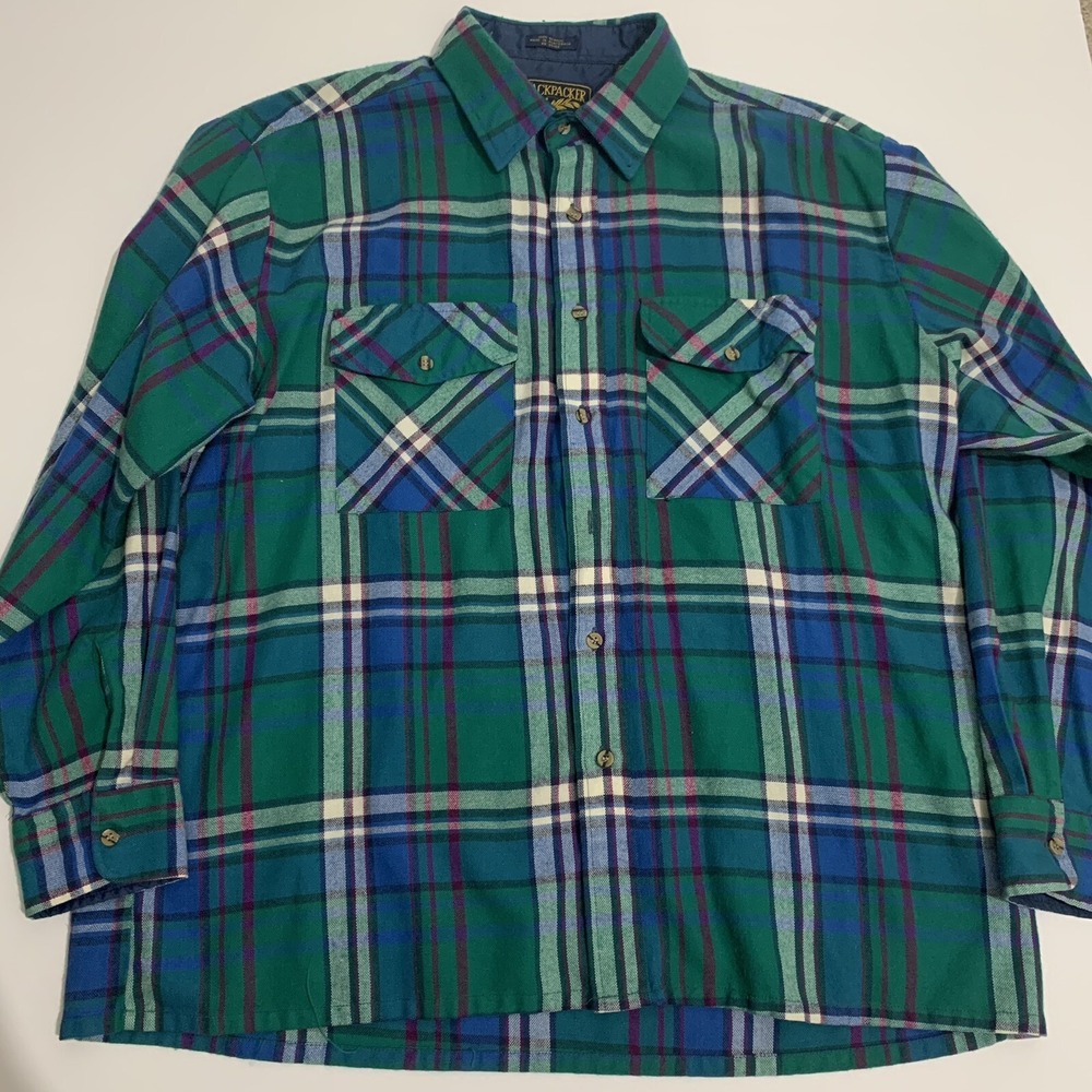 Vintage Backpacker Outdoors Men XL Acrylic Flannel Plaid Button Shirt Green Blue